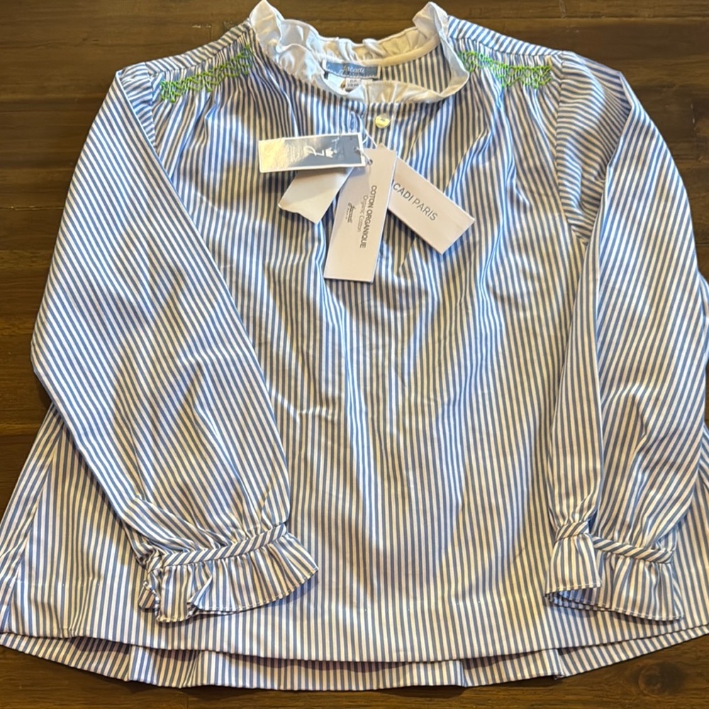 Jacadi kids Blue and White Ruffled Tie Front Blouse